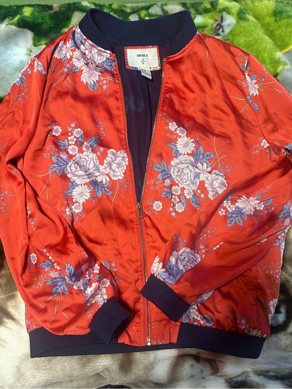 Forever 21 Red Floral Satin Bomber Jacket with Navy Trim